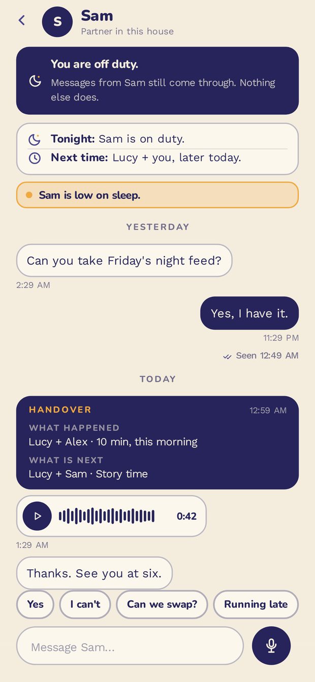 Parent chat: tonight's plan pinned at the top, a handover card, a voice note, and one-tap answers