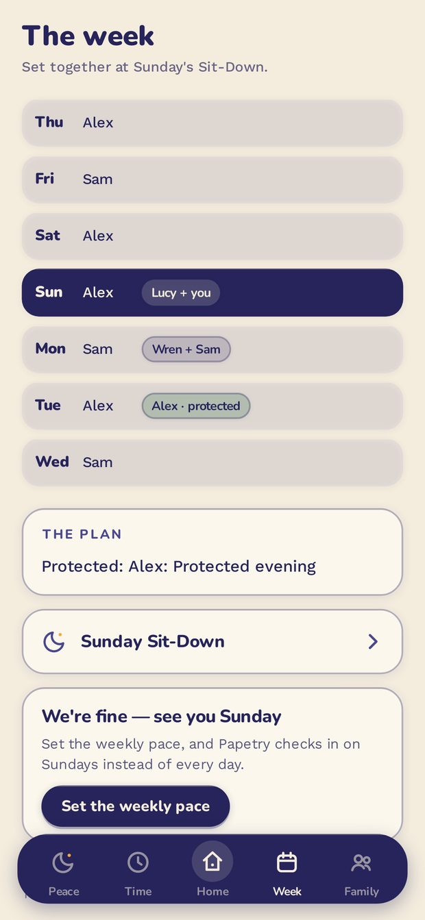 The week screen: who holds each night, set together at Sunday's Sit-Down